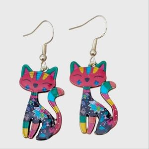 Kitty Cat Earrings with flowers and Stripes Dark Red face